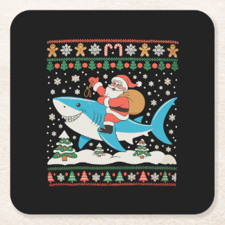 Santa Riding Shark Ugly Christmas Xmas Holiday Square Paper Coaster