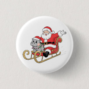Santa Riding Sleigh with a Moo Deng Baby Hippo 3 Cm Round Badge