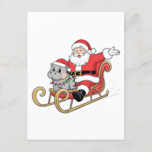Santa Riding Sleigh with a Moo Deng Baby Hippo Announcement Postcard