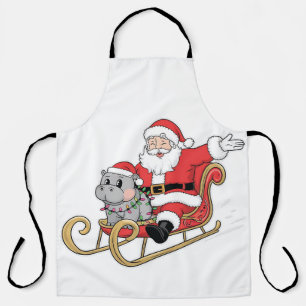 Santa Riding Sleigh with a Moo Deng Baby Hippo Apron