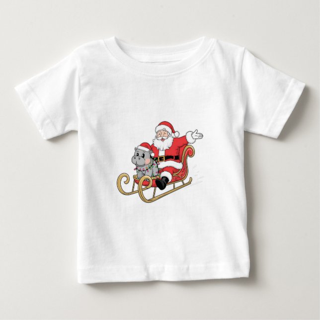 Santa Riding Sleigh with a Moo Deng Baby Hippo Baby T-Shirt (Front)