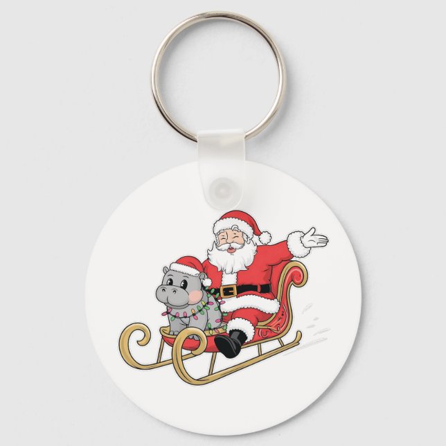 Santa Riding Sleigh with a Moo Deng Baby Hippo Key Ring (Front)