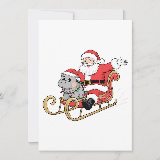 Santa Riding Sleigh with a Moo Deng Baby Hippo Save The Date (Front)