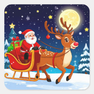 Santa Riding Sleigh With Reindeer Under Full Moon Square Sticker