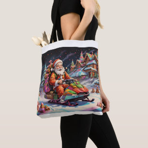 Santa riding snowmobile psychedelic christmas tote bag