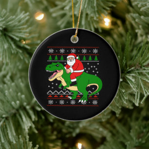 Santa Riding T Rex Christmas Dinosaur Ugly Xmas Ceramic Ornament
