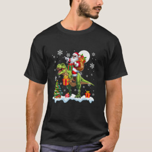 Santa Riding T Rex Christmas Tree Colorful Lights  T-Shirt