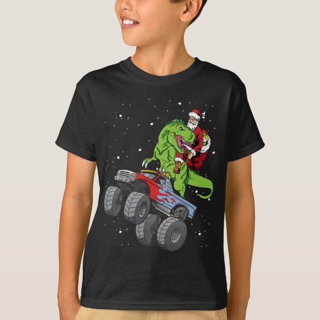 Santa Riding T Rex Dinosaur Monster Truck Boy Chri T-Shirt (Front)