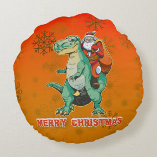 Santa Riding T Rex - Merry Trexmas Round Cushion