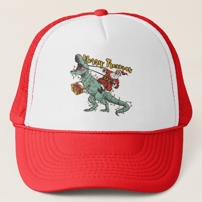 Santa Riding T Rex - Merry Trexmas Trucker Hat (Front)