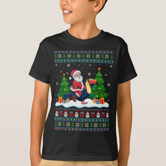 Santa Riding Toucans Tree Lights Ugly Christmas Sw T-Shirt (Front)