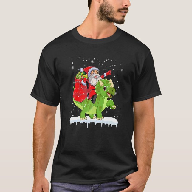 Santa Riding Triceratops Dinosaur Christmas Boys X T-Shirt (Front)