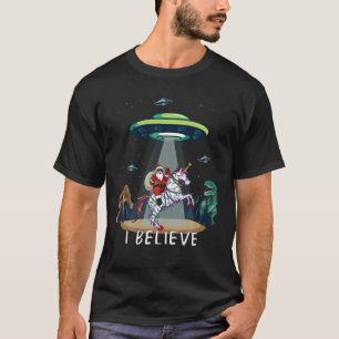 Santa Riding Unicorn Bigfoot Dino UFO Christmas Ki T-Shirt