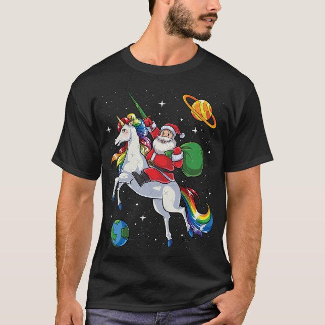 Santa Riding Unicorn Christmas Gifts Rainbow Space T-Shirt (Front)