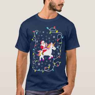 Santa Riding Unicorn Christmas Lights Merry Christ T-Shirt