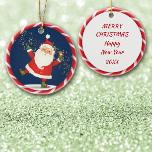 Santa Ringing Bell and Skating Ceramic Ornament