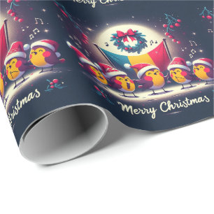 Santa Robins holding the Romanian Flag caroling Wrapping Paper