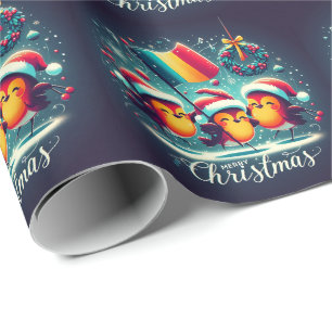 Santa Robins holding the Romanian Flag Wrapping Paper