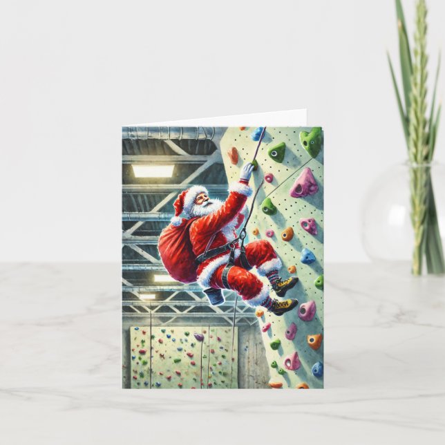 Santa Rock Climbing in Gym Christmas  Holiday Card (Front)
