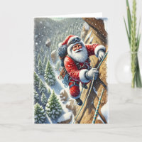 Santa Rock Climbing in Mountains Christmas Card