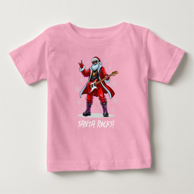 Santa Rocks! Funny Santa Claus playing guitar Baby T-Shirt (Front)