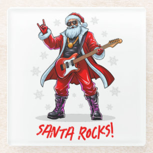 Santa Rocks! Funny Santa Claus playing guitar Glass Coaster