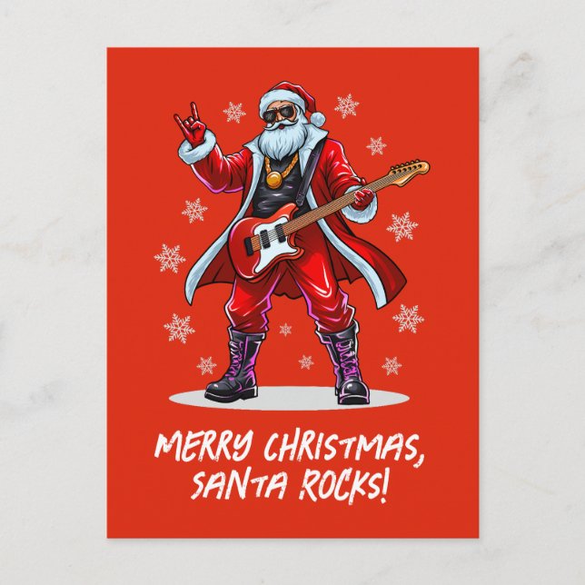 Santa Rocks! Funny Santa Claus playing guitar Holiday Postcard (Front)