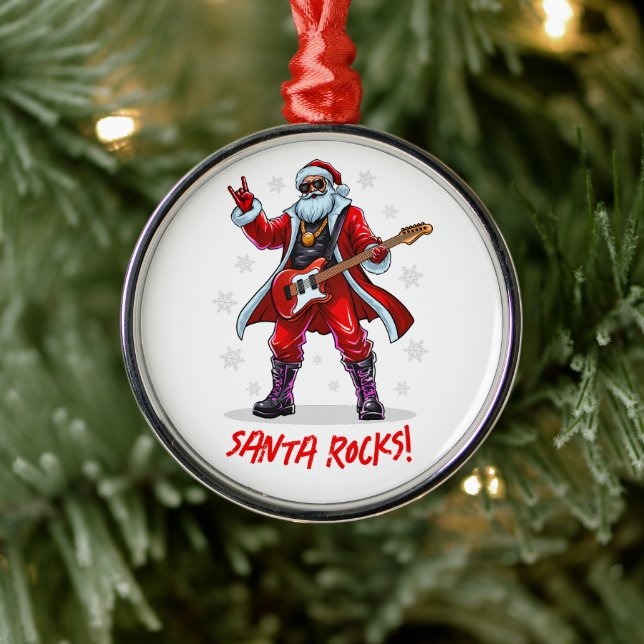 Santa Rocks! Funny Santa Claus playing guitar Metal Ornament (Tree)