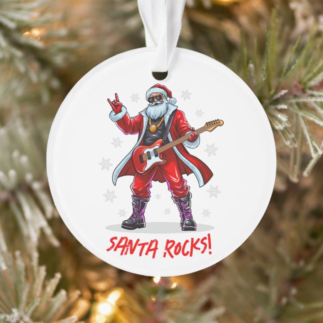 Santa Rocks! Funny Santa Claus playing guitar Ornament (Tree)
