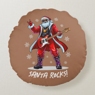 Santa Rocks! Funny Santa Claus playing guitar Round Cushion