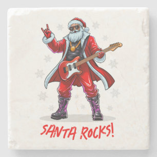 Santa Rocks! Funny Santa Claus playing guitar Stone Coaster