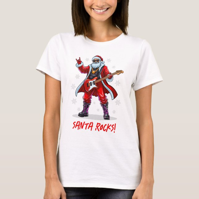 Santa Rocks! Funny Santa Claus playing guitar T-Shirt (Front)