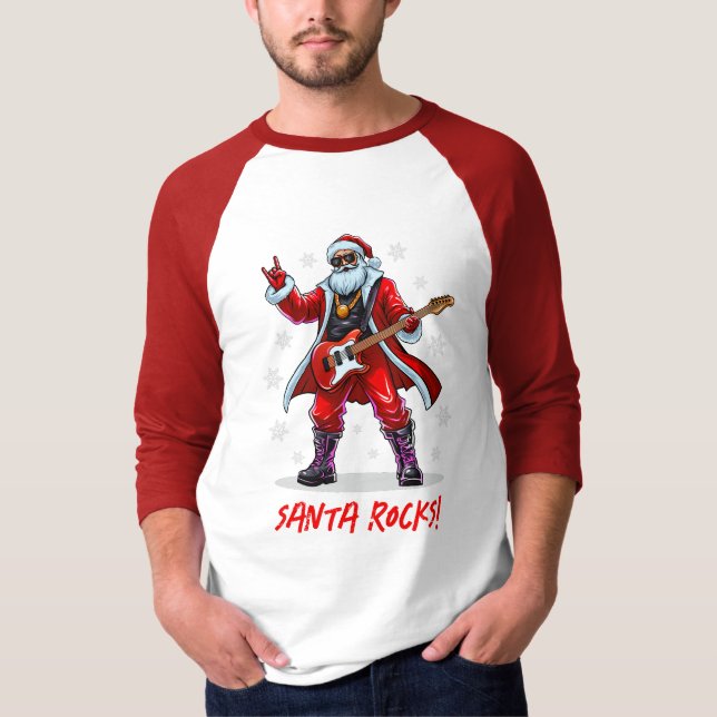 Santa Rocks! Funny Santa Claus playing guitar T-Shirt (Front)
