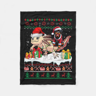 Santa Rottweiler Riding Axolotl Christmas Sweater Fleece Blanket