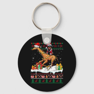 Santa Rottweiler Riding Giraffe Christmas Sweater Key Ring