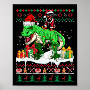 Santa Rottweiler Riding T-rex Christmas Sweater Lo Poster