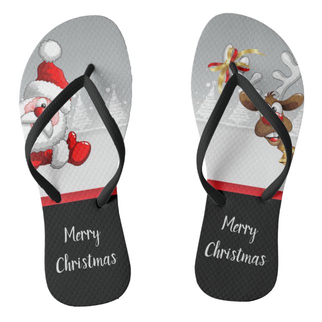 Santa Rudolf Cartoon Merry Christmas Thongs (Footbed)