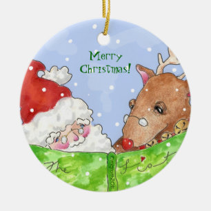 santa, rudolph and the list! ceramic ornament
