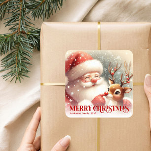 Santa Rudolph Custom Name Merry Christmas Gift Square Sticker