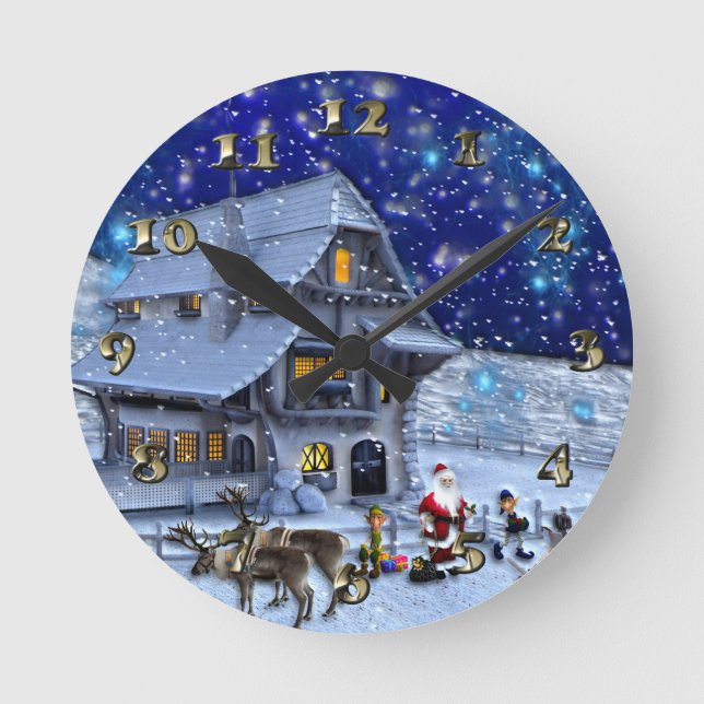 Santa Rudolph Elf with Sled Round Clock (Front)