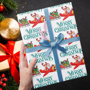 Santa & Rudolph in Aeroplane with Sleigh,Christmas Wrapping Paper