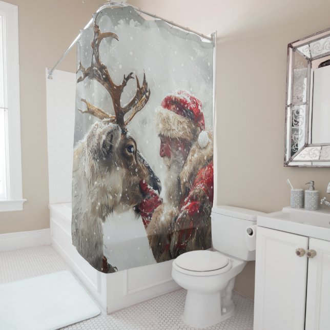 Santa Rudolph Snowing Winter Scene  Shower Curtain (In Situ)