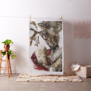 Santa & Rudolph Touching Noses in the Snow  Fabric