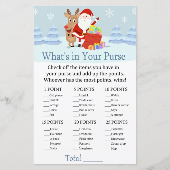 Santa, Rudolph What's in your purse game (Front)