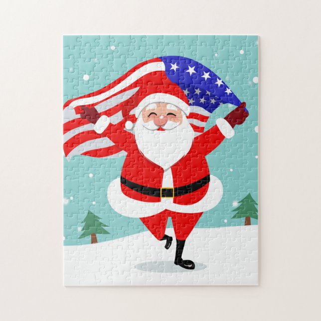 Santa running with american flag jigsaw puzzle (Vertical)