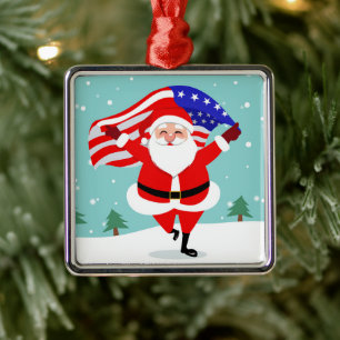 Santa running with american flag metal ornament
