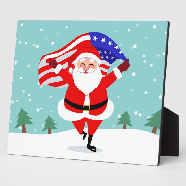 Santa running with american flag plaque (Side)