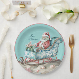 Santa’s Chinoiserie Sleigh on beach  Paper Plate