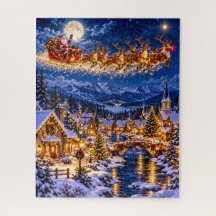 Santa’s Christmas Eve Flight Over a Snowy Village