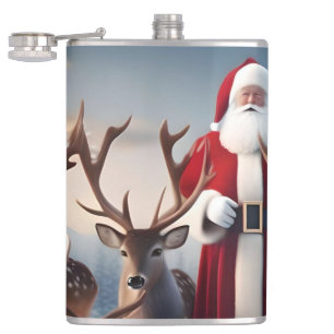 Santa’s Crew: Father Christmas Poses Reindeers Hip Flask